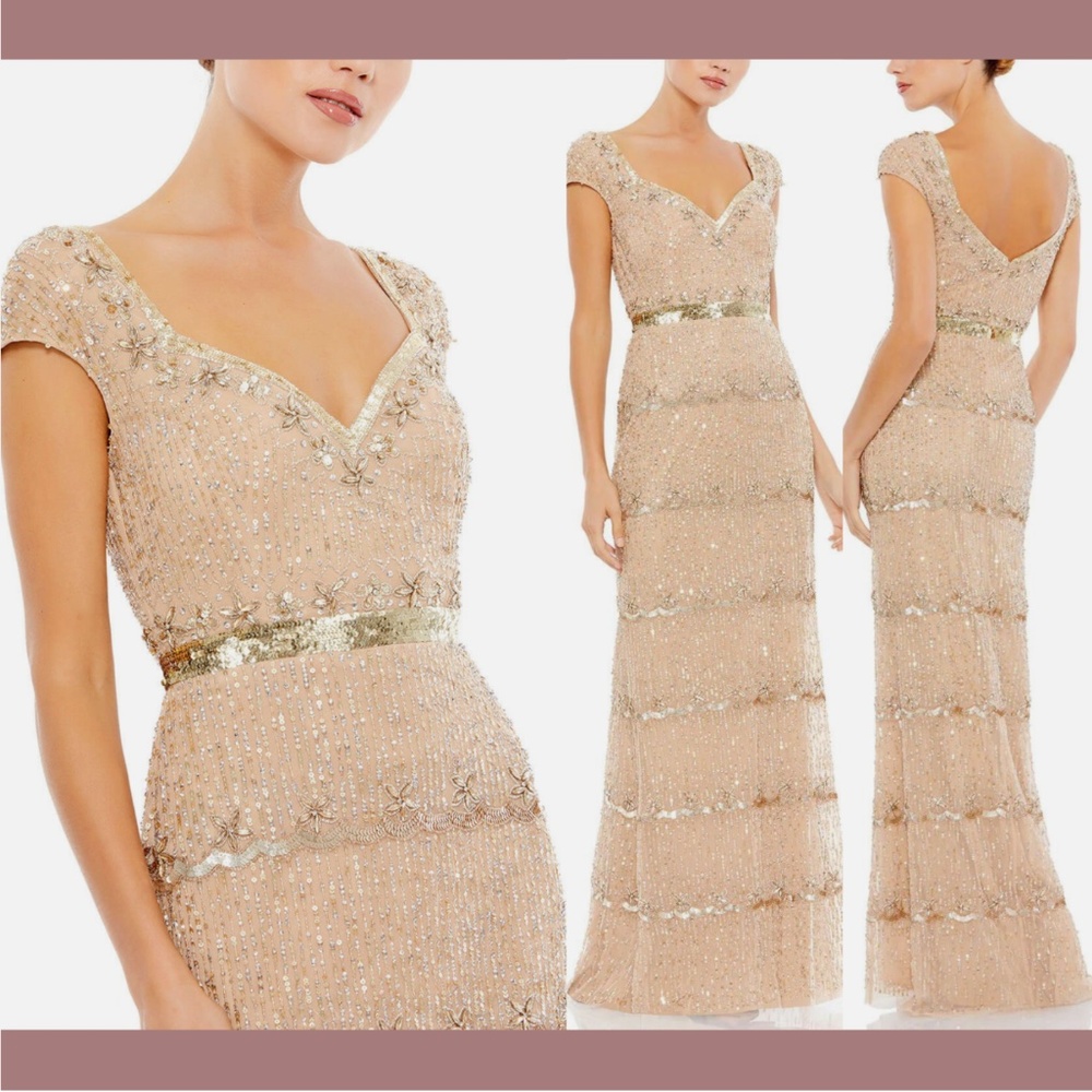 NEW $598 Mac Duggal‎ [ 10 ] Cap Sleeve Embellished Column Gown in Nude Gold